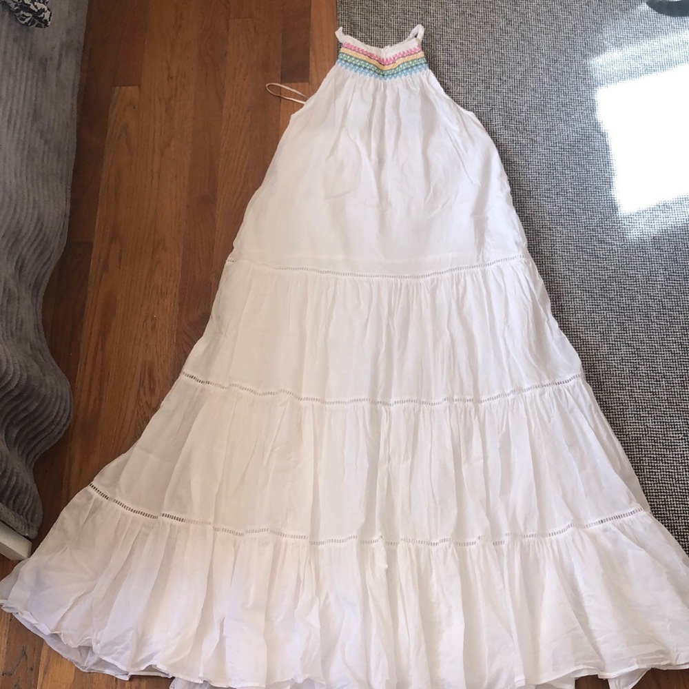 White Maxi Halter Dress with Multicolor Trim